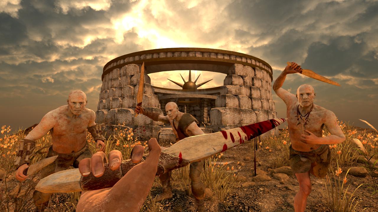 Bloodfall: The First Temple cover art. Three neolithic cultists approach the player, who stands ready with a Bone Sword in an austere, atmospheric temple entrance